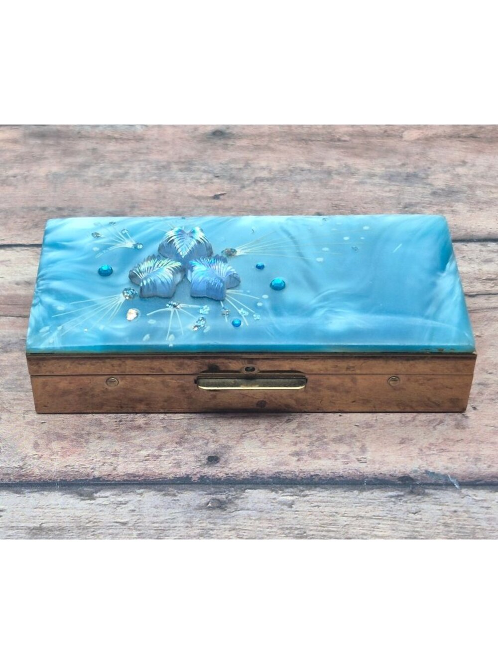 VTG Blue Lucite Cigarette Case Rhinestone Shell Inlay Gold Tone MCM 3.5" X 1.75"